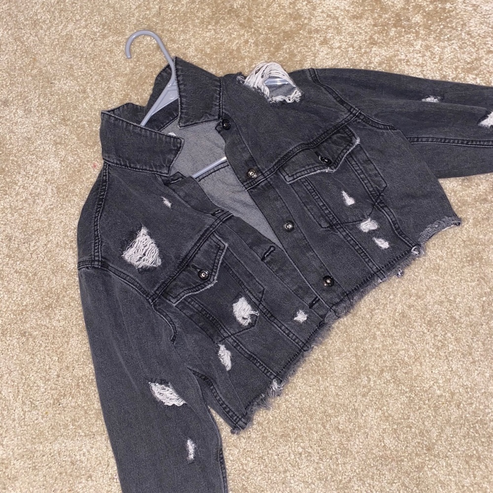 Distressed black denim jacket